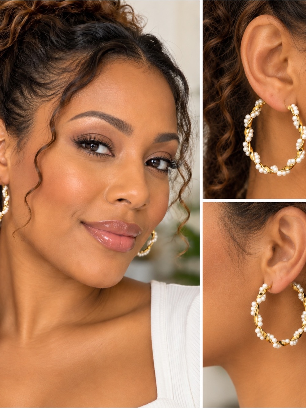 Gold Pearl Beaded Hoop Earrings - NWOT
